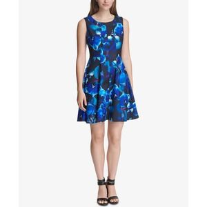 New DKNY 8 Orchid Floral Print Fit & Flare Dress Black Blue Sleeveless Knee Crew